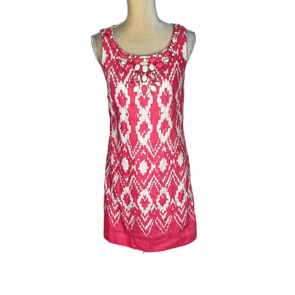 Eliza J Pink Ikat Sleeveless Round Neck Shift Dress Pink White Size 6‎ - Picture 1 of 11